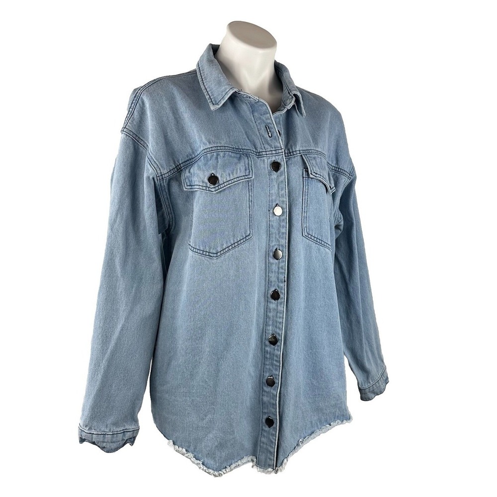 Unbranded Light Wash Denim Shacket Raw Hem Button Down Shirt Jacket Womens Large